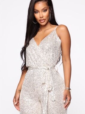 Fashion Nova Silver Sequin Jumpsuit